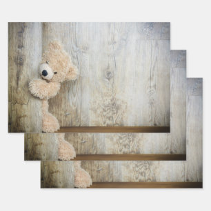 Cute Stuffed Bear Rustic Wooden Wall Wrapping Paper Sheets