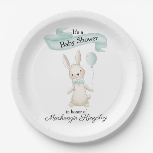 Cute Stuffed Bunny with Teal Balloon Baby Shower Paper Plates