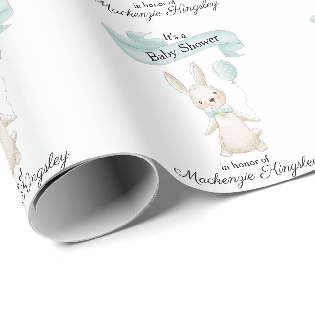 Cute Stuffed Bunny with Teal Balloon Baby Shower Wrapping Paper (Roll Corner)