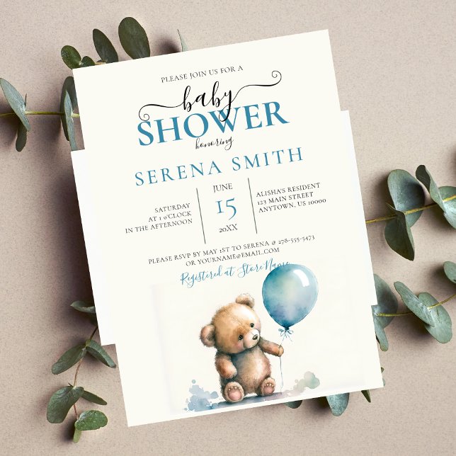 Cute Stuffed Teddy Bear with Blue Balloon BABY  Invitation (Creator Uploaded)