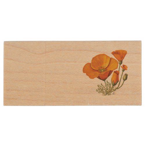 Cute Style Vintage California Poppy Flower Flash Wood Flash Drive