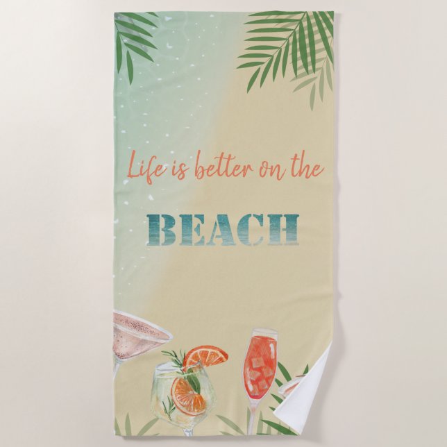 Cute Stylish Beach,Palm Leaf, Cocktails Beach Towel (Front)