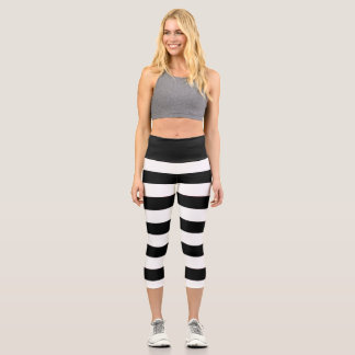 Cute Stylish Black And White Stripes Capri Leggings