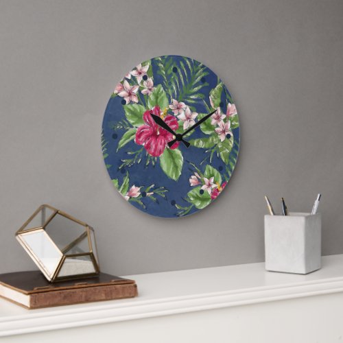 Cute Stylish Colors Tropical Hawaii Floral Pattern Large Clock