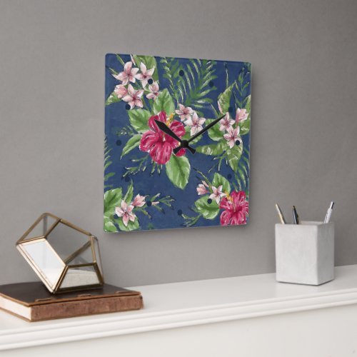 Cute Stylish Colors Tropical Hawaii Floral Pattern Square Wall Clock