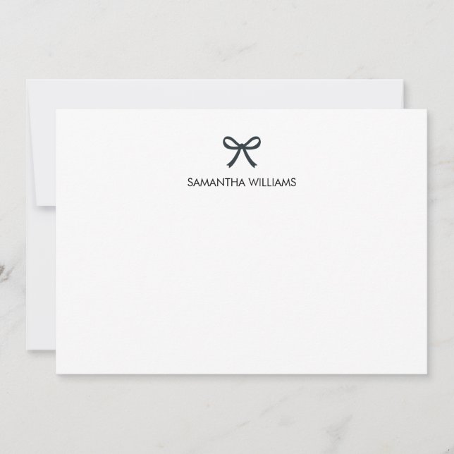 Cute Stylish Girly Monogram Name Script Ribbon Bow Note Card (Front)