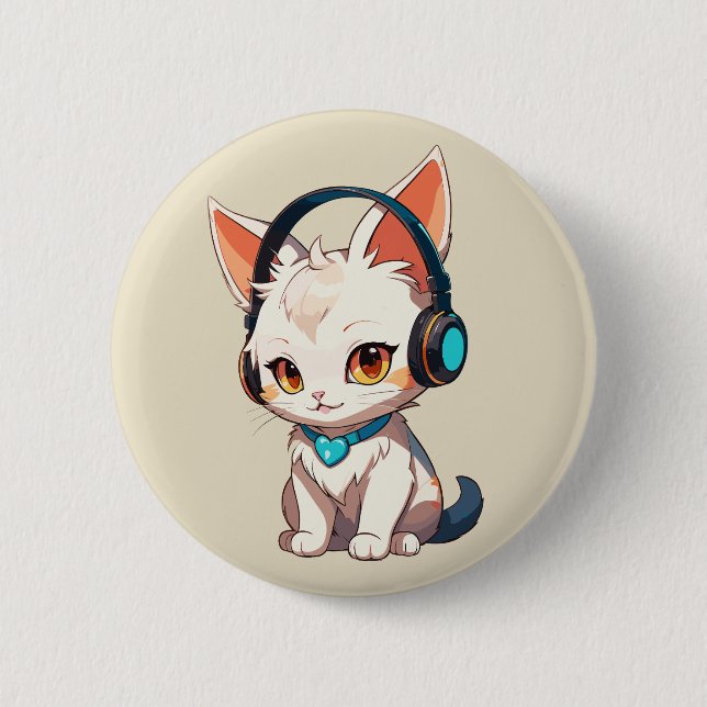 Cute Stylish Kitty in Headphones Button (Front)