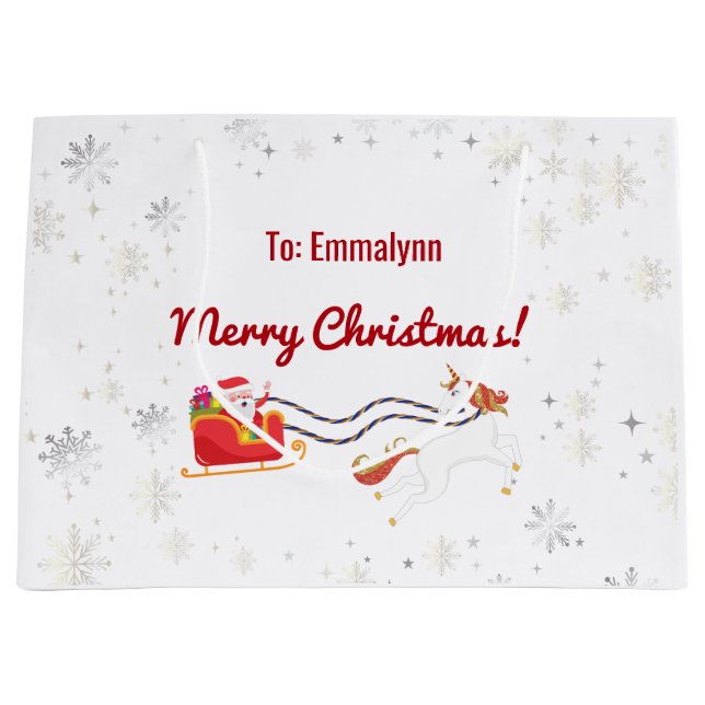 Cute Stylish Modern Unicorn Santa Snow Name Script Large Gift Bag (Front)