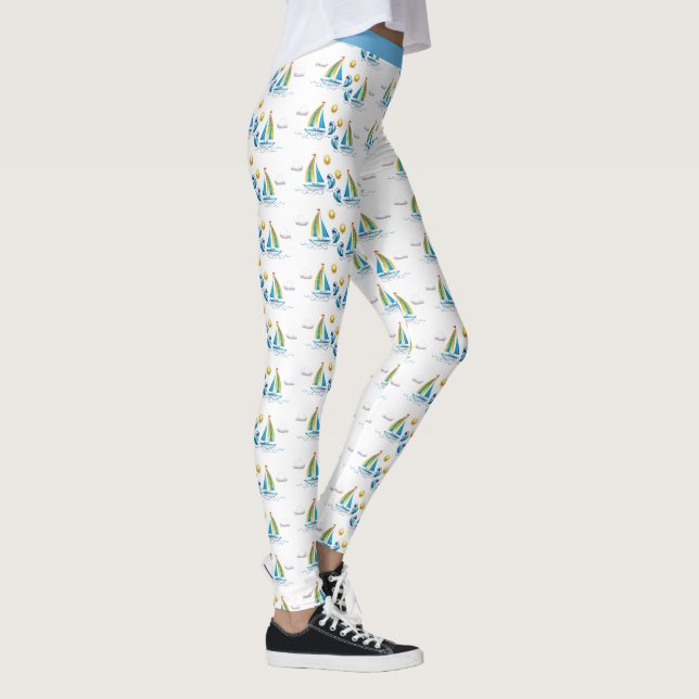 Cute Stylish Nautical Sailboat Blue Sails Yoga Leggings (Right)
