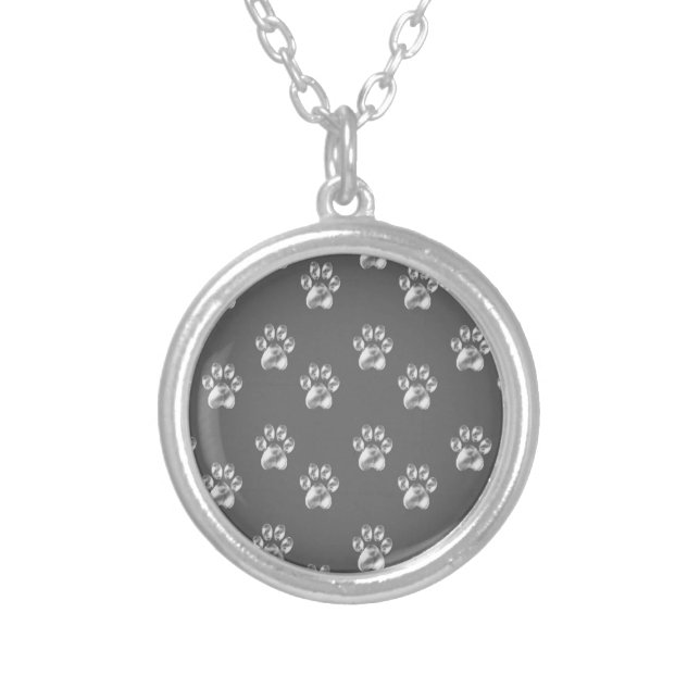 Cute stylish paw pattern on dark gray silver plated necklace (Front)