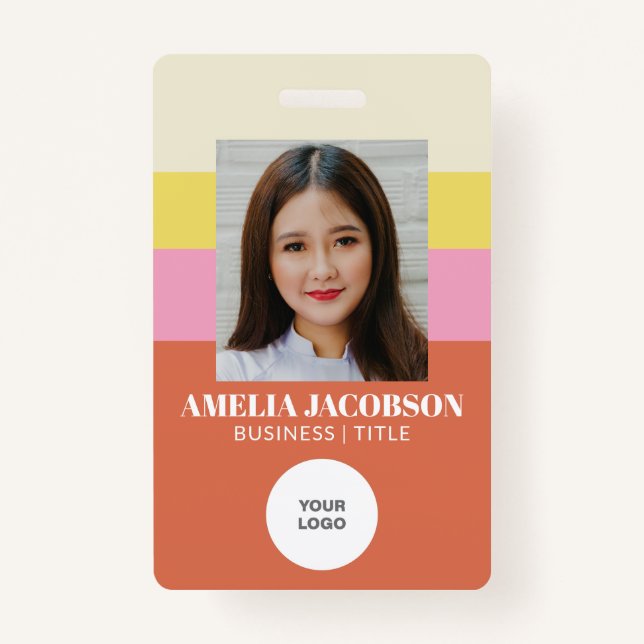 Cute Stylish Pink Orange Employee Photo ID Logo Badge (Front)