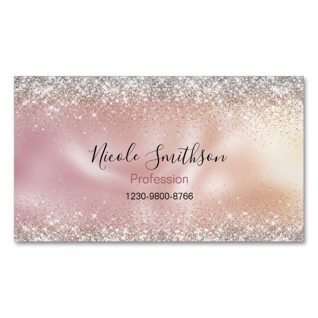 Cute stylish rose gold faux glitter monogram business card magnet (Front)