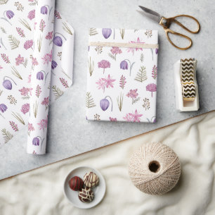 Cute Stylish Watercolor Pink Purple Flowers Garden Wrapping Paper