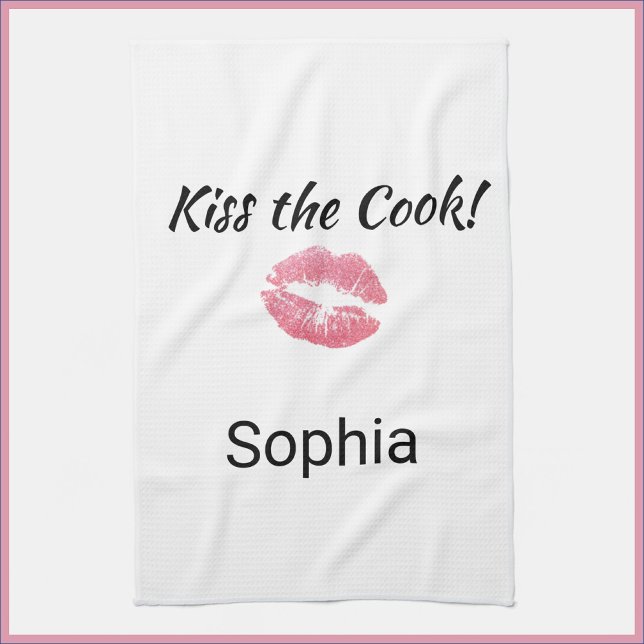 Cute Stylish White & Pink Lipstick Kiss the Cook  Kitchen Towel (Creator Uploaded)