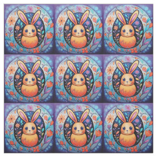 Cute Stylized Easter Bunny with Flowers Fabric