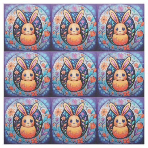 Cute Stylized Easter Bunny with Flowers Fabric