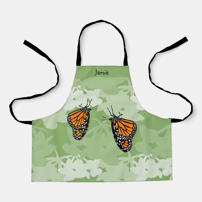 Cute Stylized Monarch Butterfly Green Kid's Apron (Front)