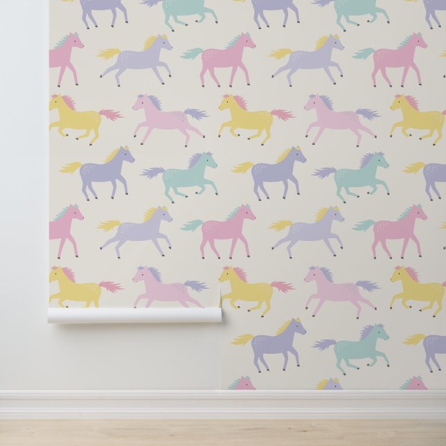 Cute stylized pastel Horses pattern on cream Wallpaper (Application)