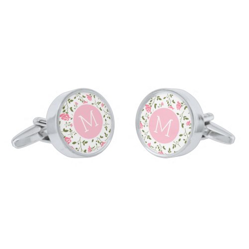 Cute Stylized Pink Roses Pattern Silver Cufflinks