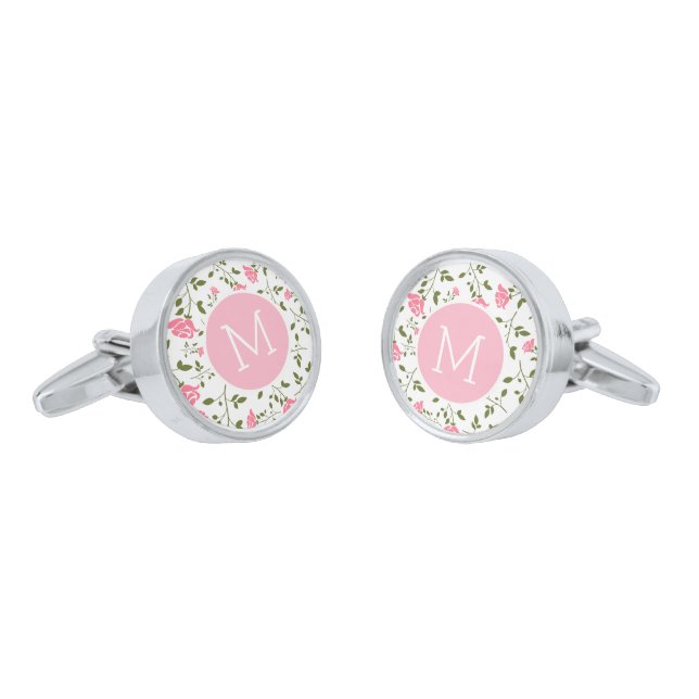 Cute Stylized Pink Roses Pattern Silver Cufflinks (Angled)
