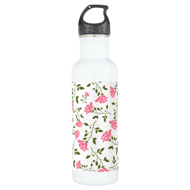 Cute Stylized Pink Roses Pattern Water Bottle (Front)