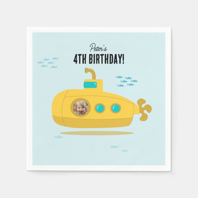 Cute Submarine Deep Sea Birthday Kids Photo Napkins (Front)