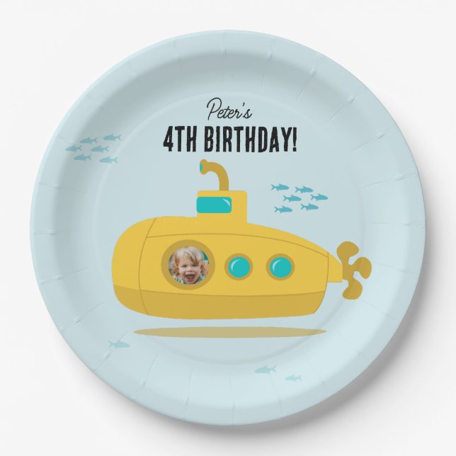 Cute Submarine Deep Sea Birthday Kids Photo Paper Plates (Front)