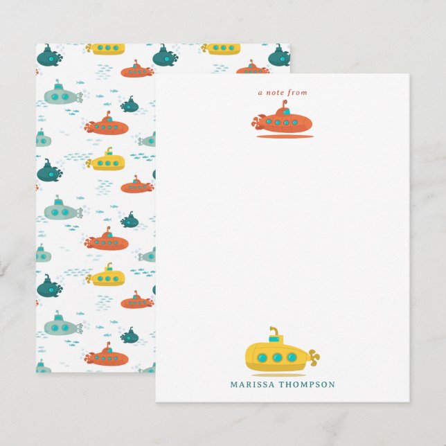 Cute Submarine Nautical Deep Sea Fish Kids Note Card (Front/Back)
