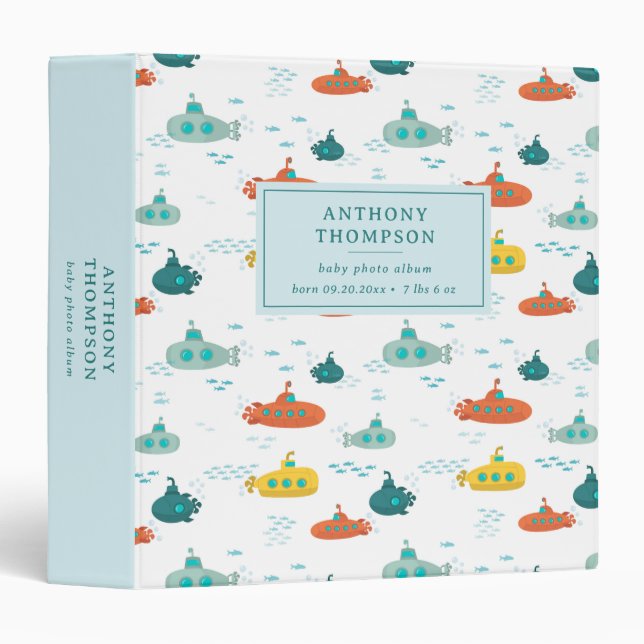 Cute Submarine Nautical Deep Sea Fish Pattern 3 Ring Binder (Front/Spine)
