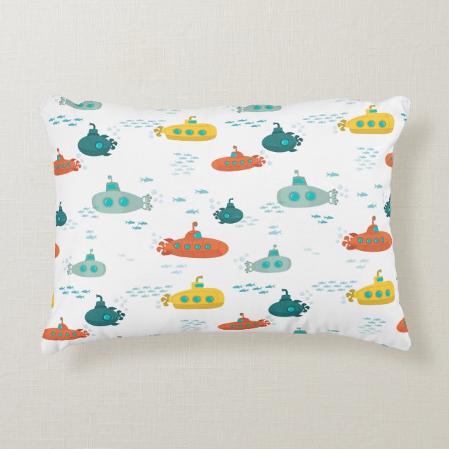 Cute Submarine Nautical Deep Sea Fish Pattern Accent Pillow (Front)