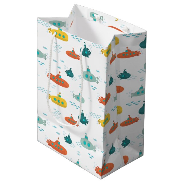 Cute Submarine Nautical Deep Sea Fish Pattern Medium Gift Bag (Front Angled)