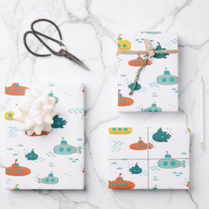 Cute Submarine Nautical Deep Sea Fish Pattern Wrapping Paper Sheets