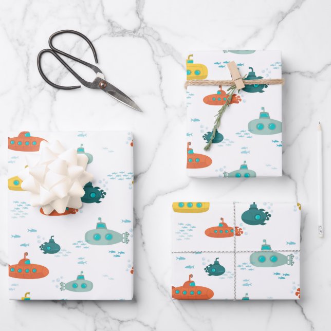 Cute Submarine Nautical Deep Sea Fish Pattern Wrapping Paper Sheets (Front)