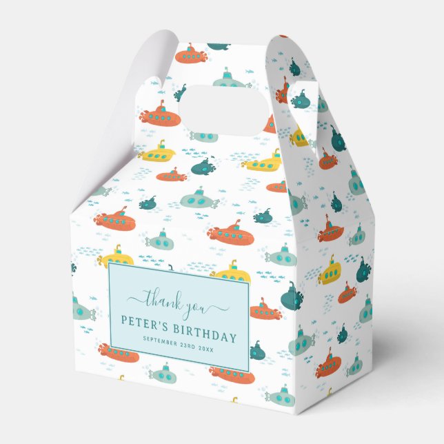 Cute Submarine Nautical Sea Fish Kids Birthday Favor Boxes (Front Side)