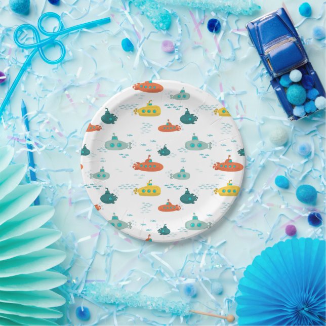 Cute Submarine Nautical Sea Fish Kids Birthday Paper Plates (Party)