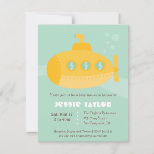 Cute Submarine Underwater Baby Shower Custom Invitation