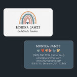 Cute Substitute Teacher Blue Boho Rainbow Business Card<br><div class="desc">Cute teacher business card features a beautiful modern boho rainbow and hearts in blue pink gold colors. Add name and personized with details. This card will be perfect for teachers or substitute teachers.</div>