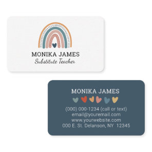 Cute Substitute Teacher Blue Boho Rainbow Business Card