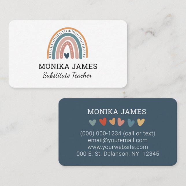 Cute Substitute Teacher Blue Boho Rainbow Business Card (Front/Back)