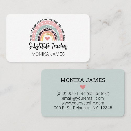 Cute Substitute Teacher Rainbow Leopard Print Business Card