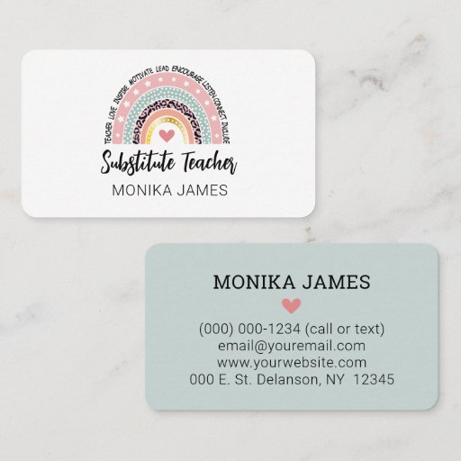 Customizable Cute Substitute Teacher Rainbow Leopard Print Business Card