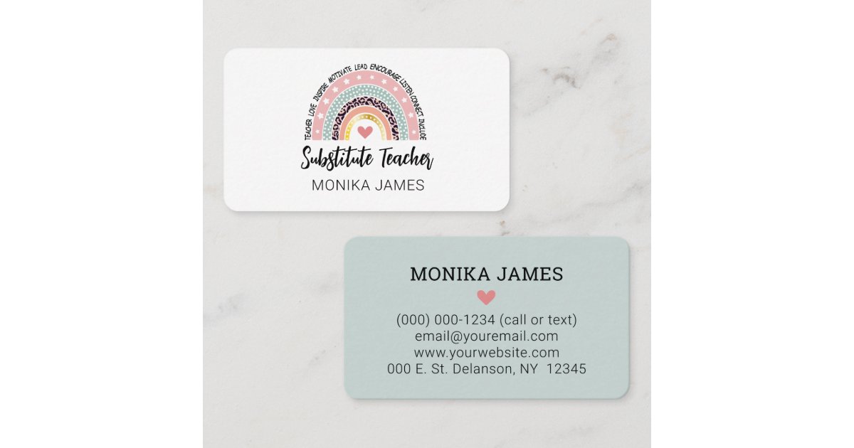Cute Substitute Teacher Rainbow Leopard Print Business Card | Zazzle