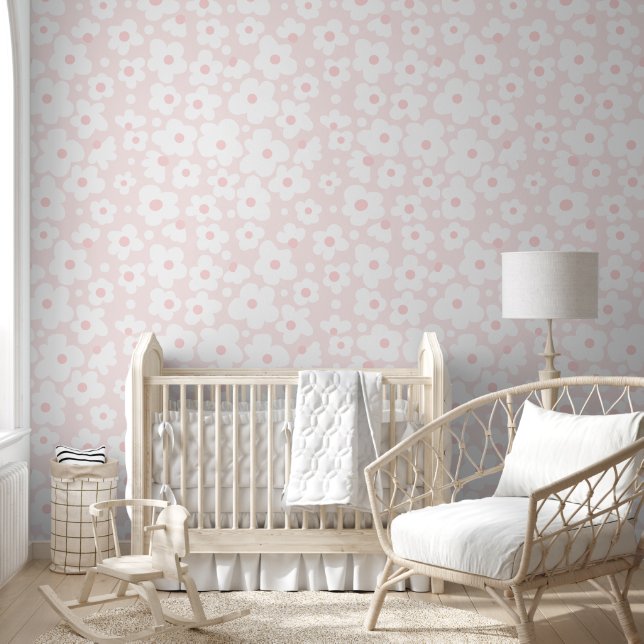 Cute Subtle Pink White Daisy Pattern Wallpaper (Kids)