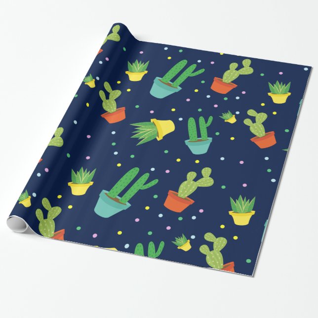 Cute succulent cactus polka dots pattern wrapping paper (Unrolled)
