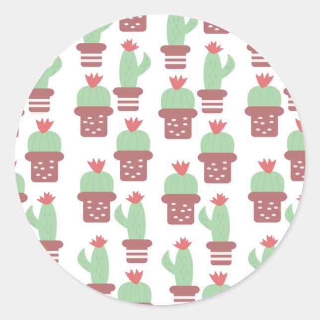 Cute Succulent Cactus | Potted Houseplants Pattern Classic Round Sticker (Front)