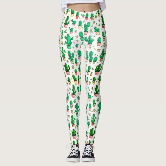 Cute Succulent Green Cactus Watercolor Pattern Leggings (Front)