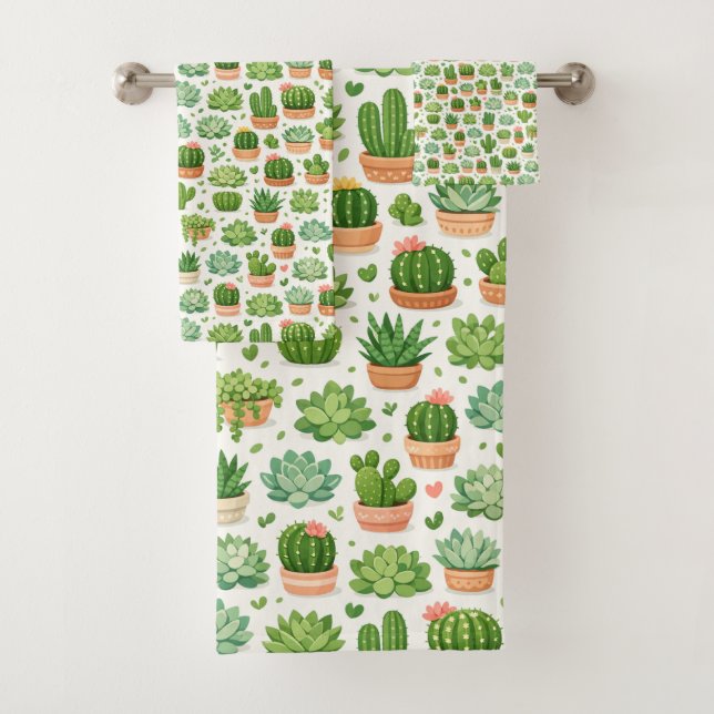 Cute Succulent Plant Seamless Pattern Bath Towel Set (Insitu)