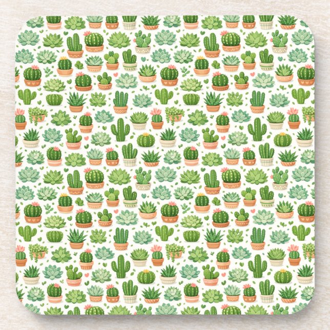 Cute Succulent Plant Seamless Pattern Beverage Coaster (Front)