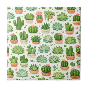 Cute Succulent Plant Seamless Pattern Ceramic Tile