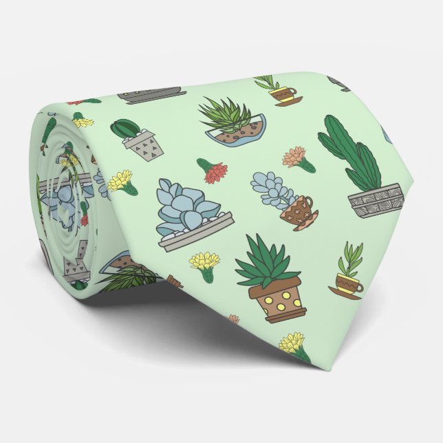 Cute Succulent Potted Plants Pattern Neck Tie (Rolled)